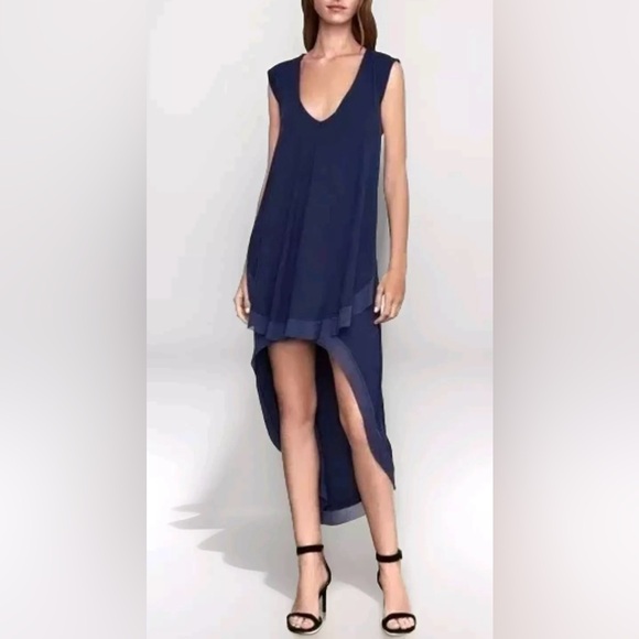 BCBG Maxazria SZ L navy blue hi/low sleeveless dress w/chiffon trim bust 36”-48” - Picture 9 of 11